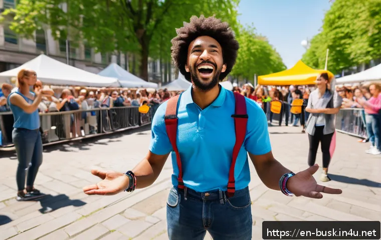 거리공연에서의 관객 안전 문제 - A vibrant street performance scene in a sunny urban plaza, featuring a charismatic juggler wearing w...