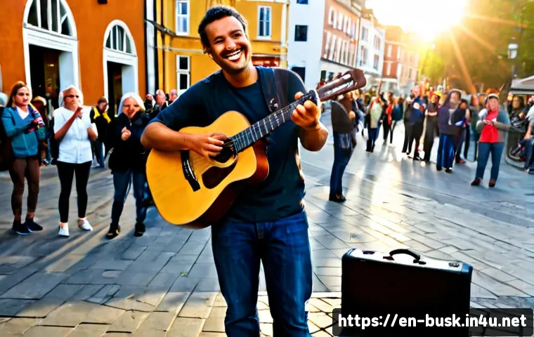 거리공연 성격별 공연 사례 - Photorealistic lively street performance in a pedestrian plaza, an outgoing acoustic guitarist smili...