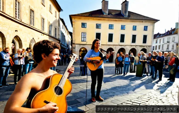 거리공연의 해외 사례 - Photorealistic wide-angle street performance in a lively European pedestrian square, a young acousti...