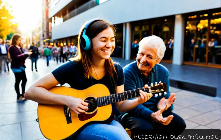 거리공연의 개인화된 경험 - Photorealistic personalized street performance experience in a lively American pedestrian plaza at g...